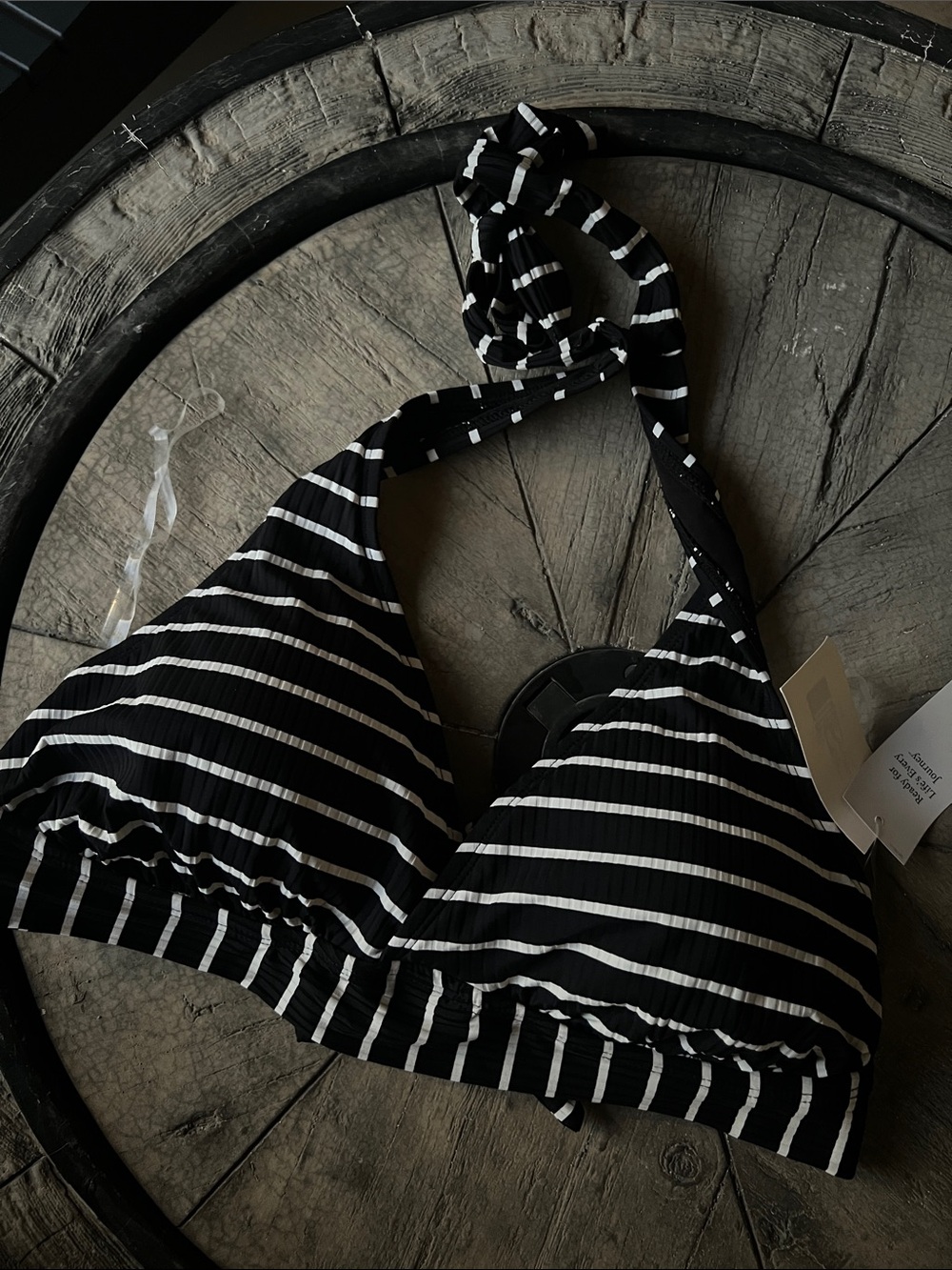 Lands' End Black and White Striped Halter Bikini Top - Ribbed Fabric